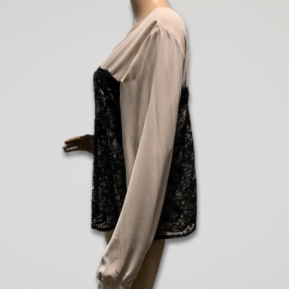 Forever 21 Blouse Round Neck Long Sleeves Lace Overlay Tan/Black Women’s L NWT - Picture 3 of 13